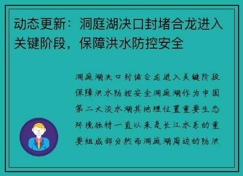动态更新：洞庭湖决口封堵合龙进入关键阶段，保障洪水防控安全