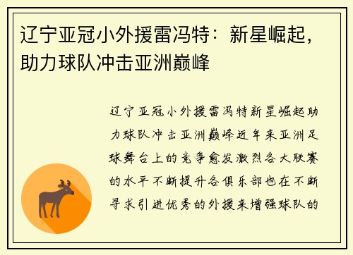 辽宁亚冠小外援雷冯特：新星崛起，助力球队冲击亚洲巅峰
