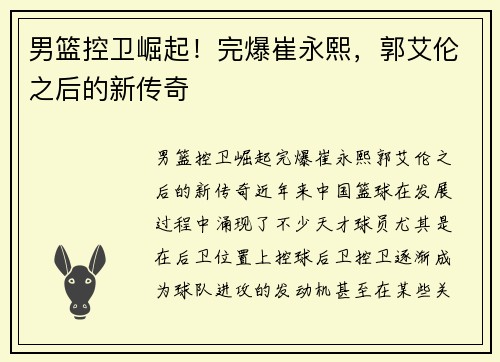 男篮控卫崛起！完爆崔永熙，郭艾伦之后的新传奇