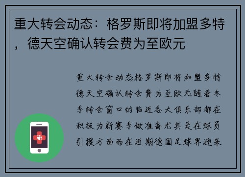 重大转会动态：格罗斯即将加盟多特，德天空确认转会费为至欧元